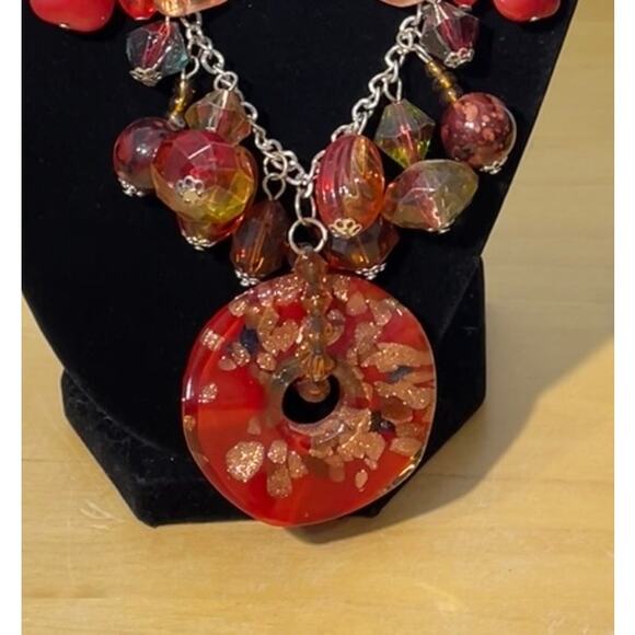 Red Copper Art Glass Beaded Pendant Necklace & Dangle Earring Set - Picture 2 of 8